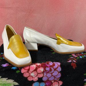 Vintage Leather Gold & White Heeled Loafer Shoes 9